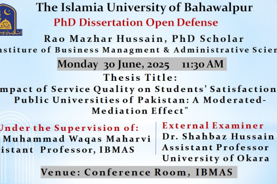 On June 30, 2025, IBMAS PhD Scholar Rao Mazhar Hussain will have his open defense.