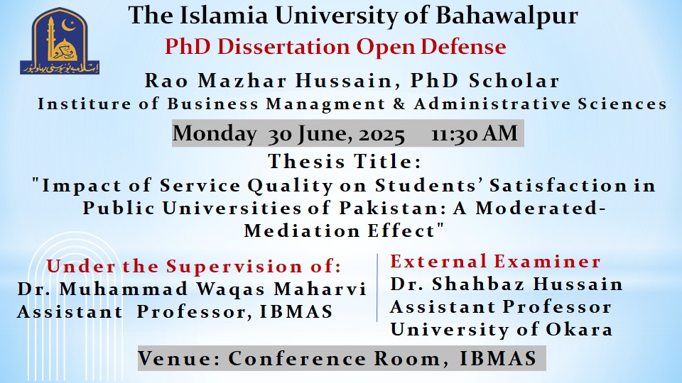 On June 30, 2025, IBMAS PhD Scholar Rao Mazhar Hussain will have his open defense.