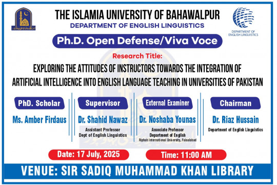 The Department of English Linguistics will host a public defense for PhD candidate Ms. Amber Firdaus on July 17, 2025.