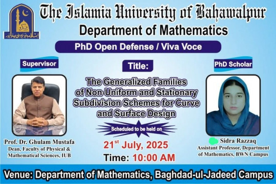 On July 21, 2025, the Department of Mathematics will host an open defense for PhD candidate Sidra Razaq.