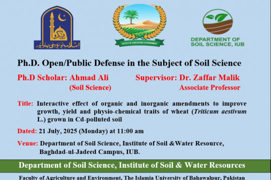 On July 21, 2025, PhD candidate Ahmad Ali of the Department of Soil Science will have his open defense.
