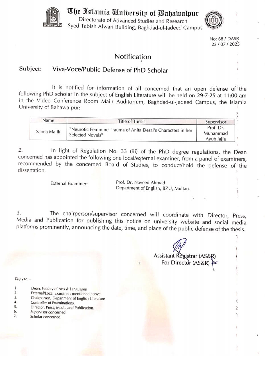 On July 29, 2025, the Department of English Literature will host an open defense for PhD candidate Saima Malik.