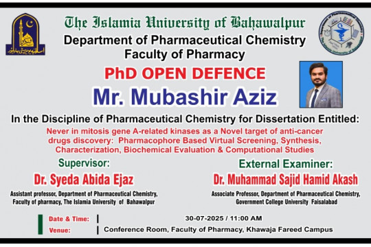 Mubashir Aziz from the Department of Pharmaceutical Chemistry will hold his open defence on July 30, 2025.