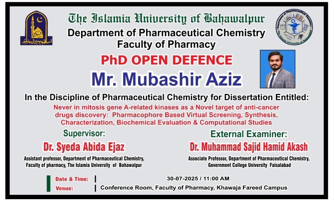 Mubashir Aziz from the Department of Pharmaceutical Chemistry will hold his open defence on July 30, 2025.