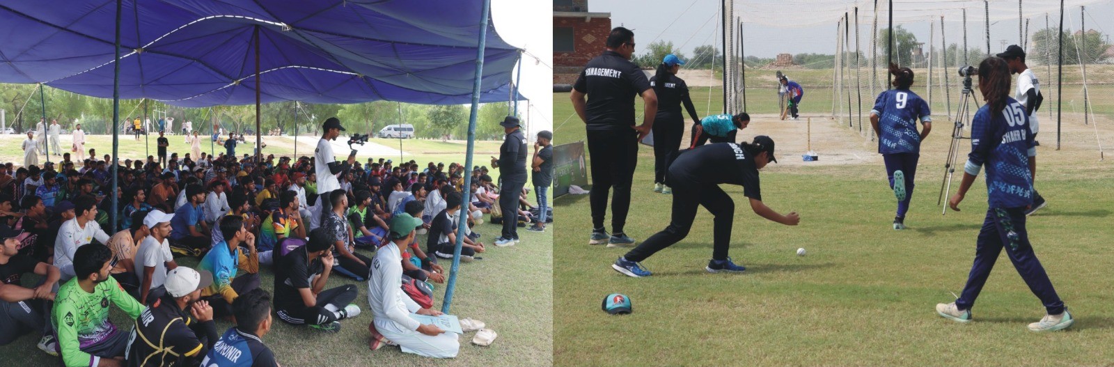 Cricket trials for male and female players at the cricket ground of the Islamia University of Bahawalpur