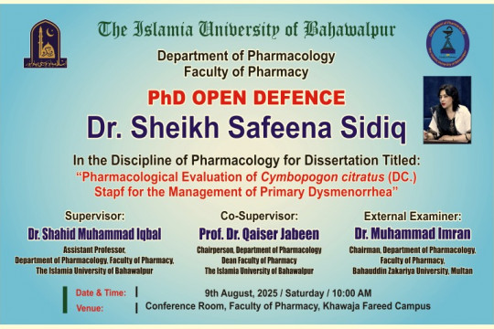 Open defence of PhD scholar Dr. Sheikh Safeena Sidiq from the Department of Pharmacology will be held on 9th August 2025