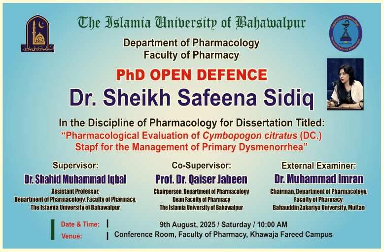 Open defence of PhD scholar Dr. Sheikh Safeena Sidiq from the Department of Pharmacology will be held on 9th August 2025