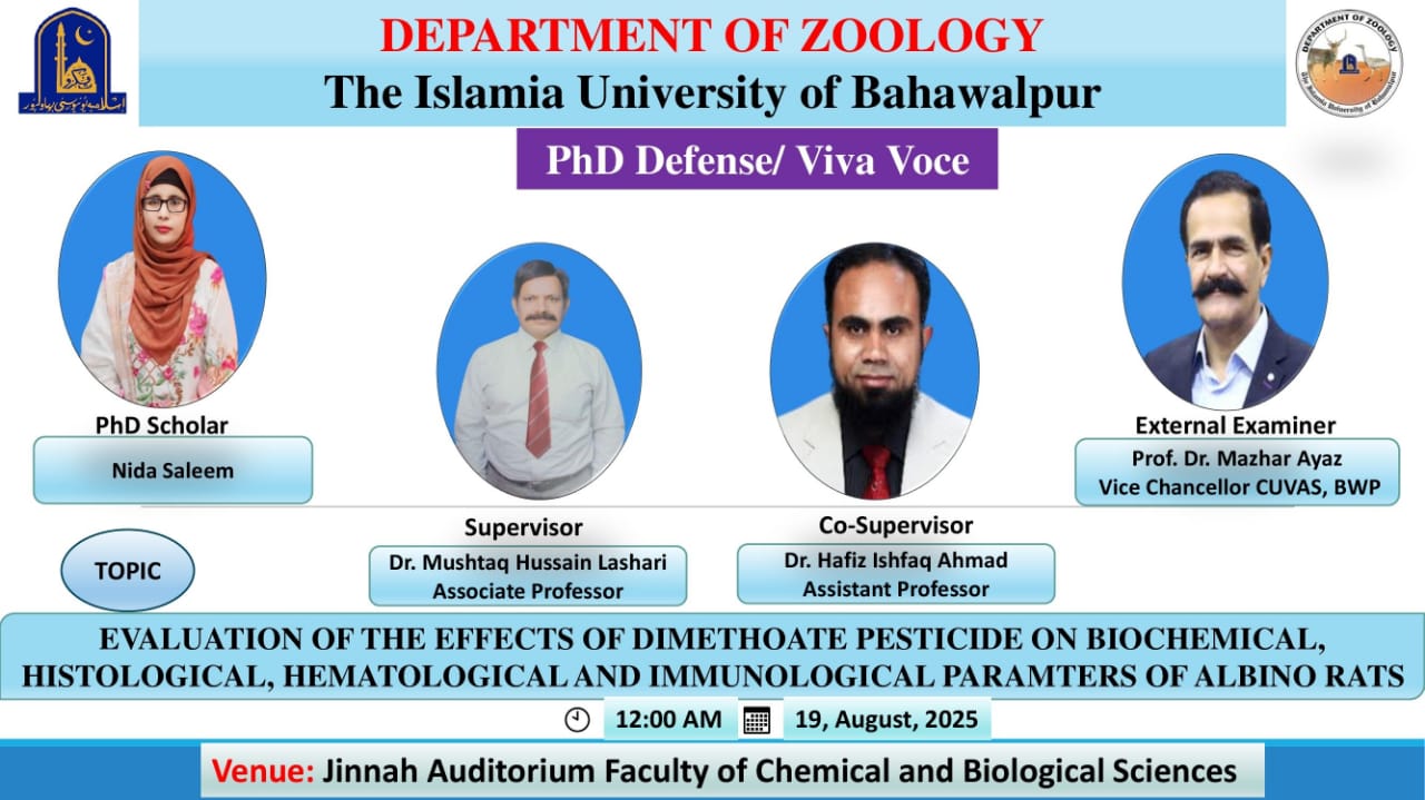 On August 19, 2025, PhD scholar Nida Saleem of the Department of Zoology will have his open defense.