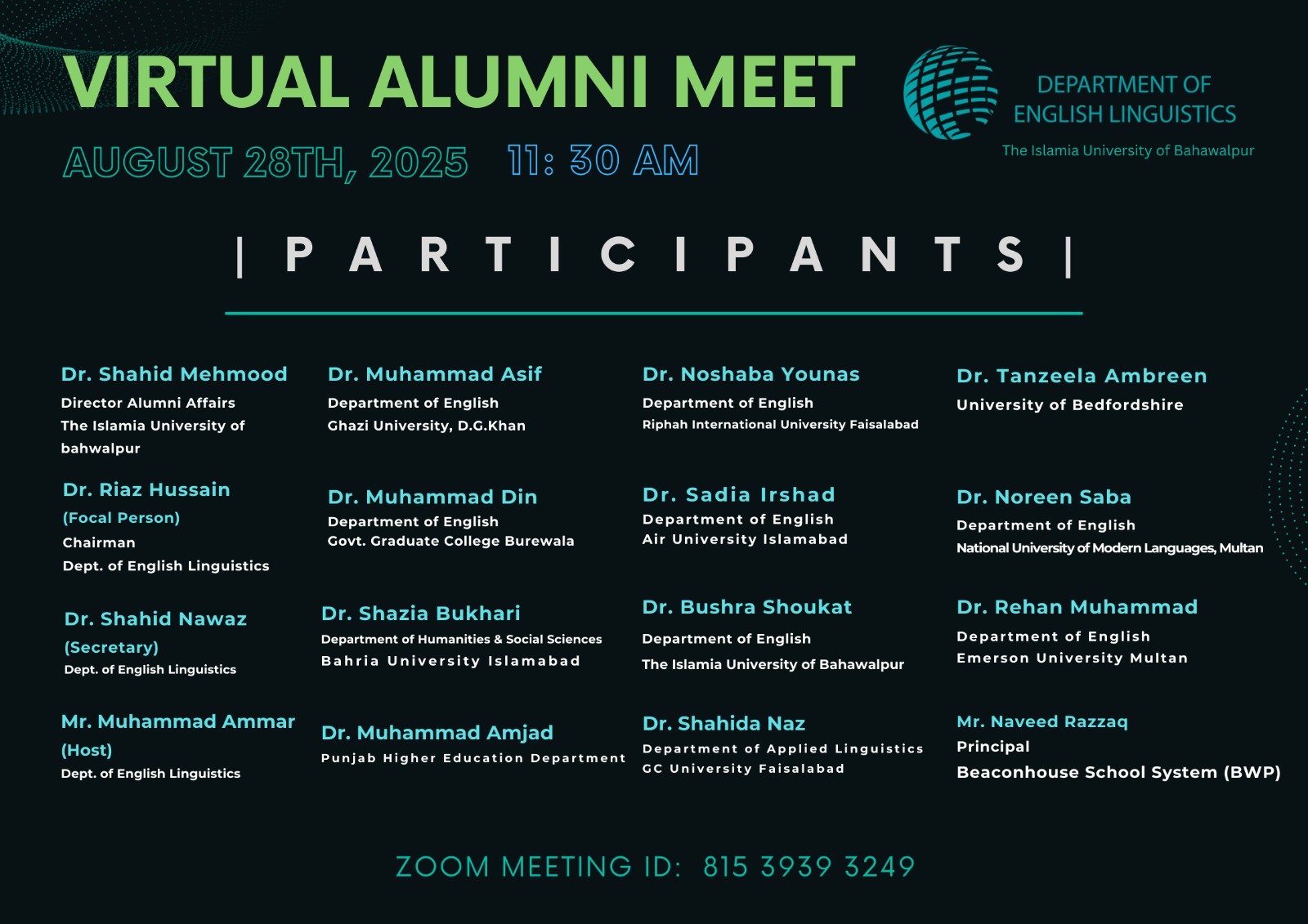 Department of English Linguistics, IUB will host a virtual alumni meet.