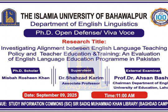 Department of English Linguistics will hold the public defense of PhD candidate Mrs. Misbah Rosheen Khan on Sept 9, 2025