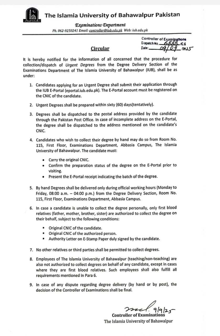 Office of the Controller of Examination has issued a circular regarding procedure for collection/dispatch of Degrees.