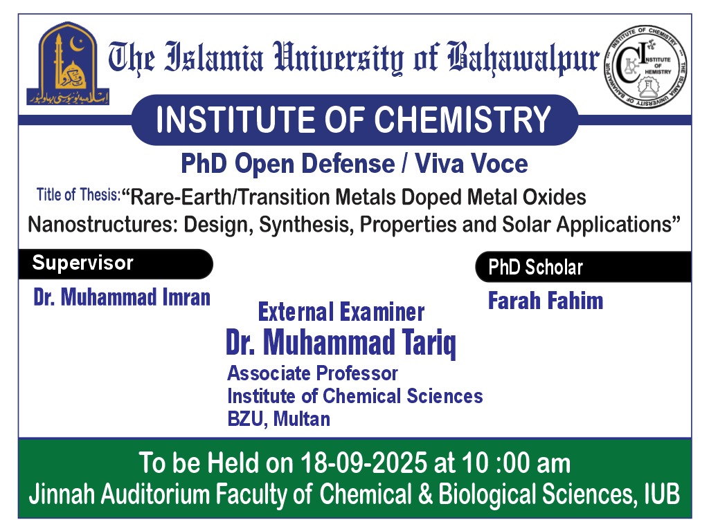 Farah Fahim, a PhD scholar of Institute of Chemistry, will have his open defense on September 18, 2025.