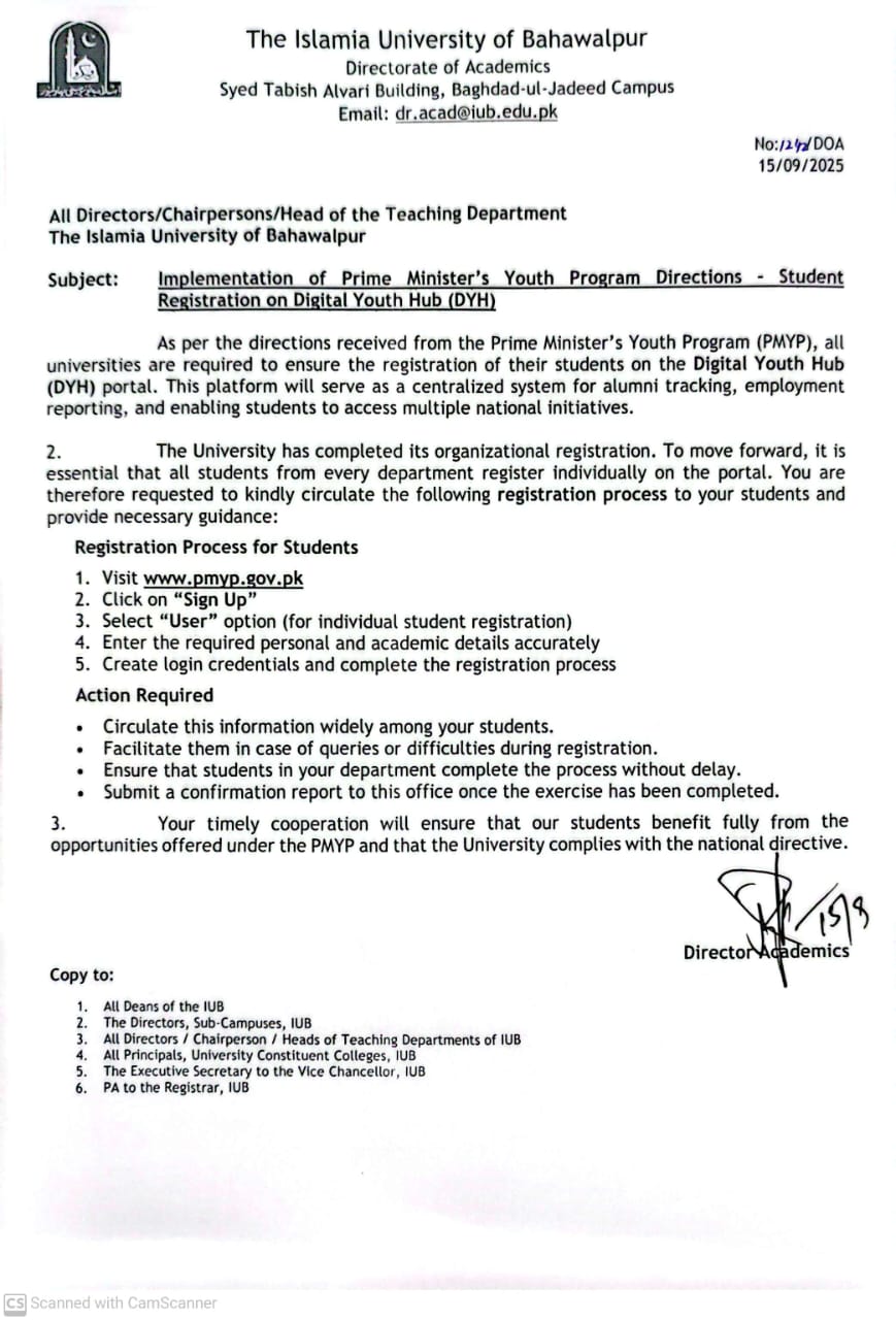 Implementation of Prime Minister's Youth Program Directions Student Registration on Digital Youth Hub (DYH)