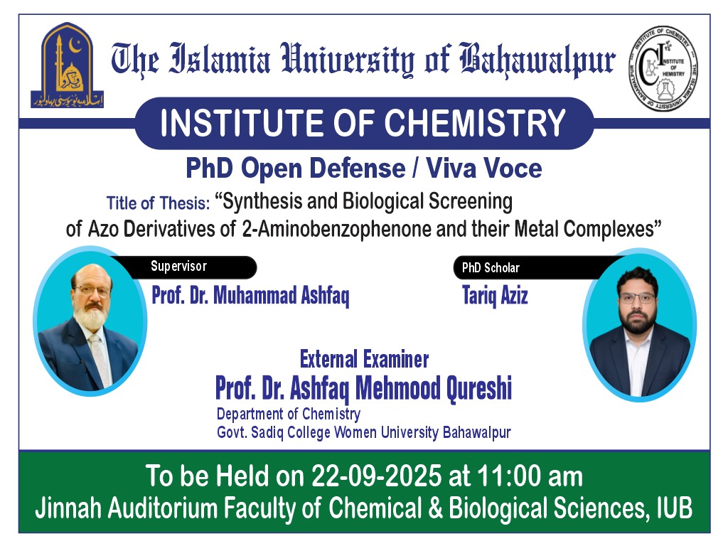On September 22, 2025, PhD candidate of the Institute of Chemistry Tariq Aziz will make his open defense.