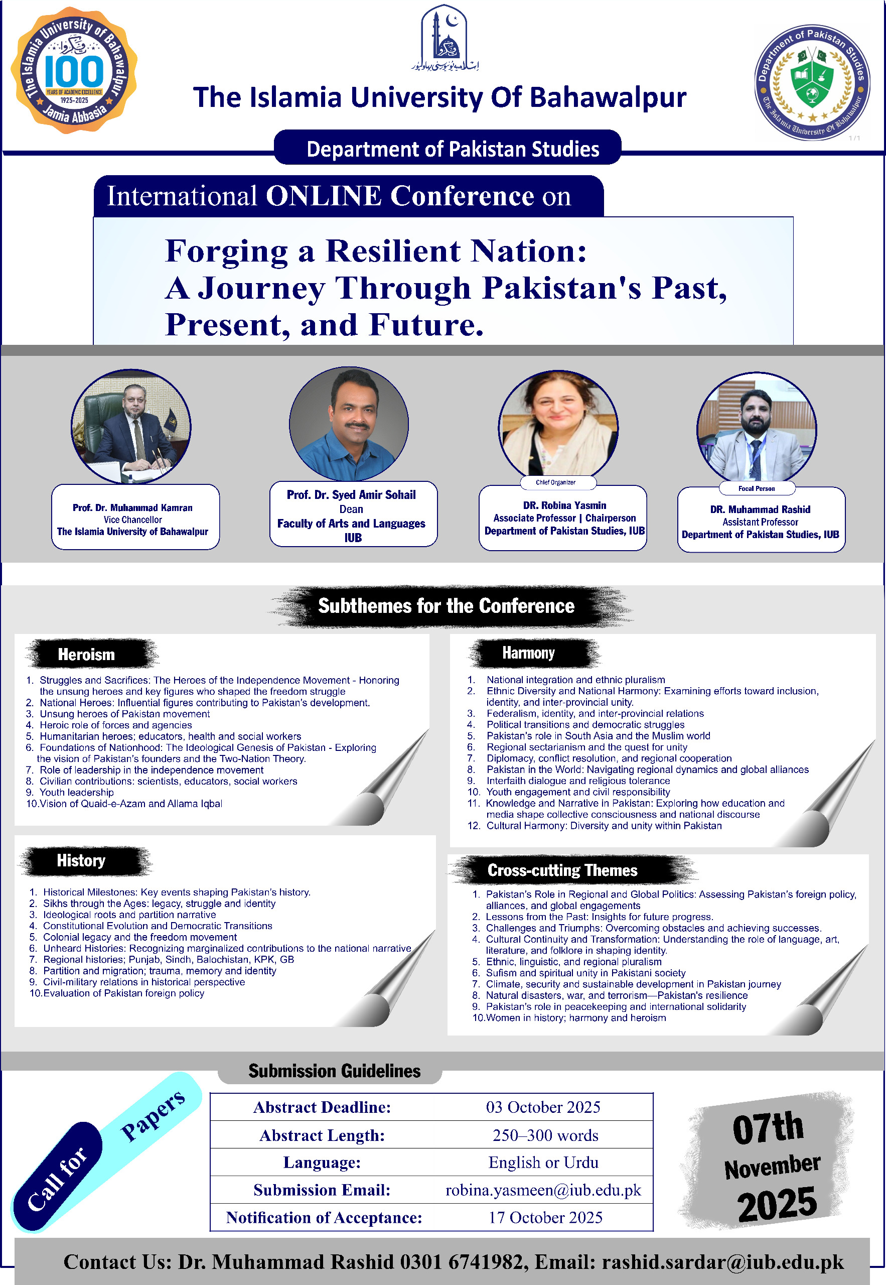 The Department of Pakistan Studies at IUB will organize the International Online Conference on 7th November 2025.