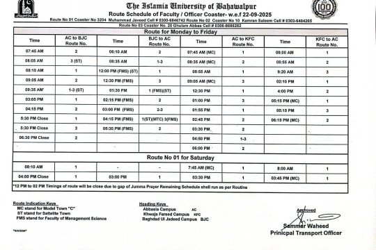 IUB Route Schedule of Faculty / Officer Coaster w.e.f 22 September 2025