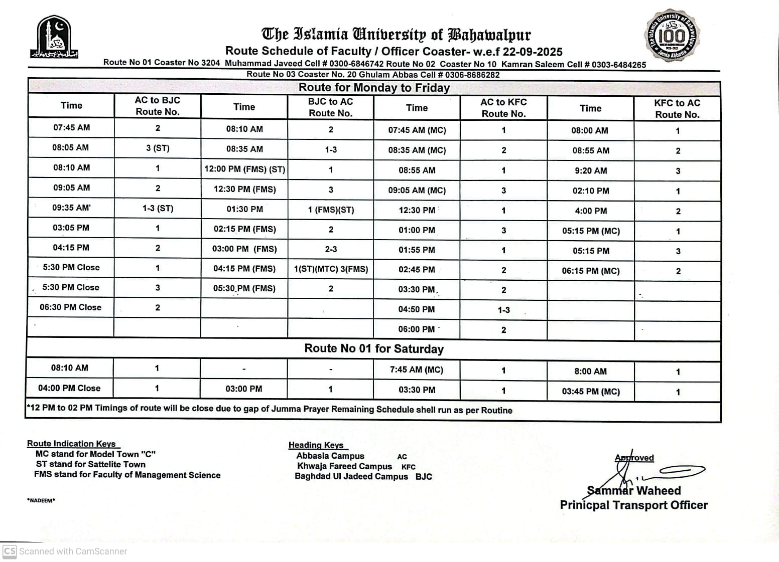 IUB Route Schedule of Faculty / Officer Coaster w.e.f 22 September 2025