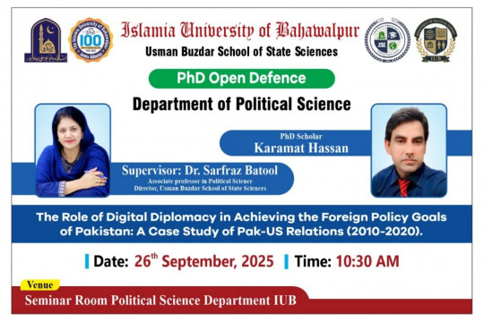 Department of Political Science is to host the PhD open defense presentations of two scholars on 26th September 2025