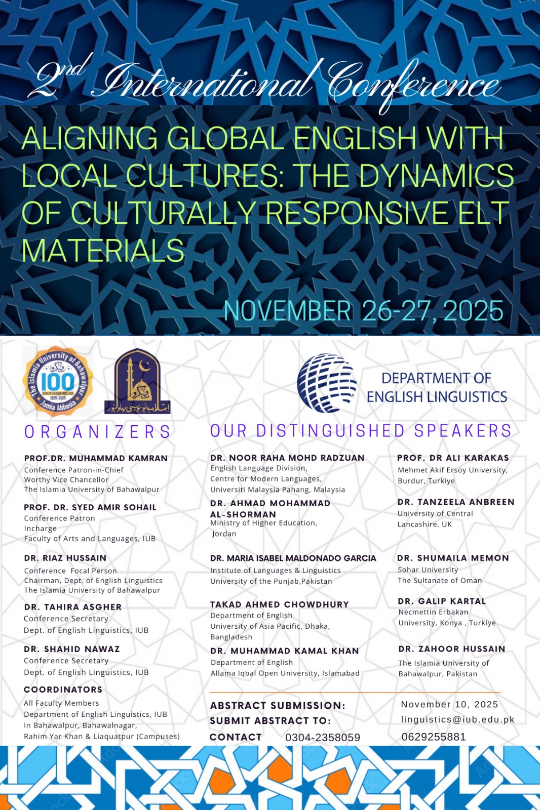 The Department of English Linguistics, IUB will organize an international conference on November 26-27, 2025.