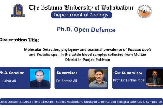 On October 21, 2025, PhD scholar Babar Ali of the Department of Zoology will have his open defence.