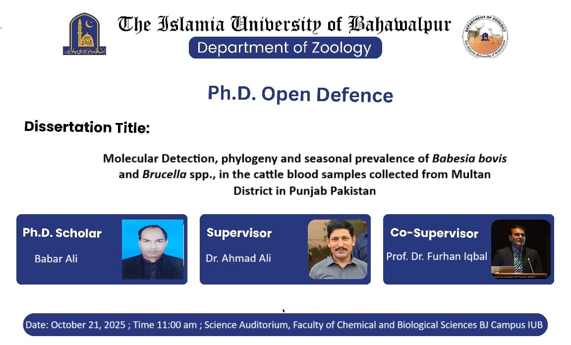 On October 21, 2025, PhD scholar Babar Ali of the Department of Zoology will have his open defence.