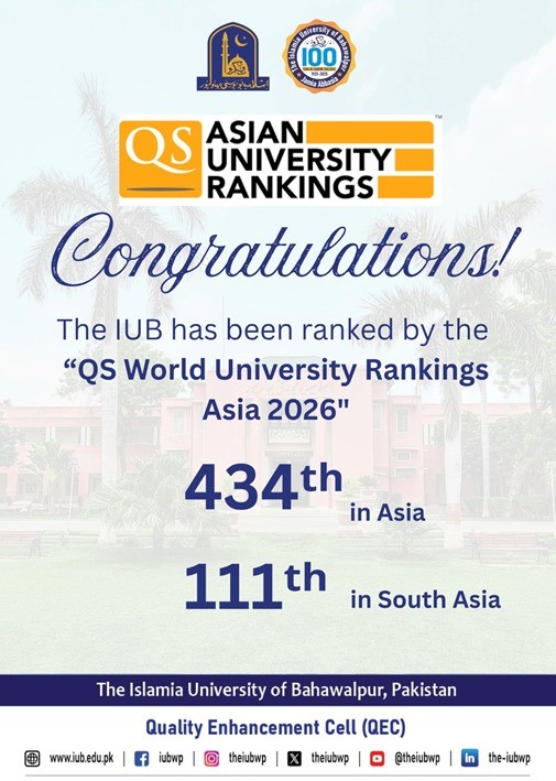 Islamia University of Bahawalpur has been ranked 434th in the QS World University Rankings Asia 2026.