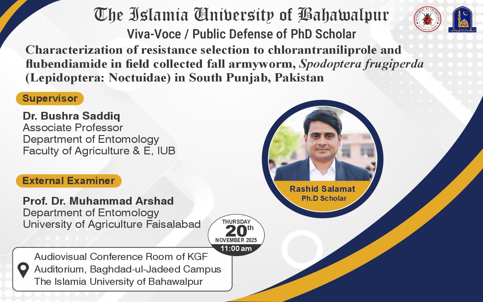Rashid Salamat, a PhD scholar in the Department of Entomology, will have his open defense on November 20, 2025.
