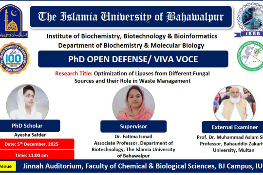 Department of Biochemistry and Molecular Biology PhD scholar Ayesha Safdar will defend her thesis on Dec 5, 2025.