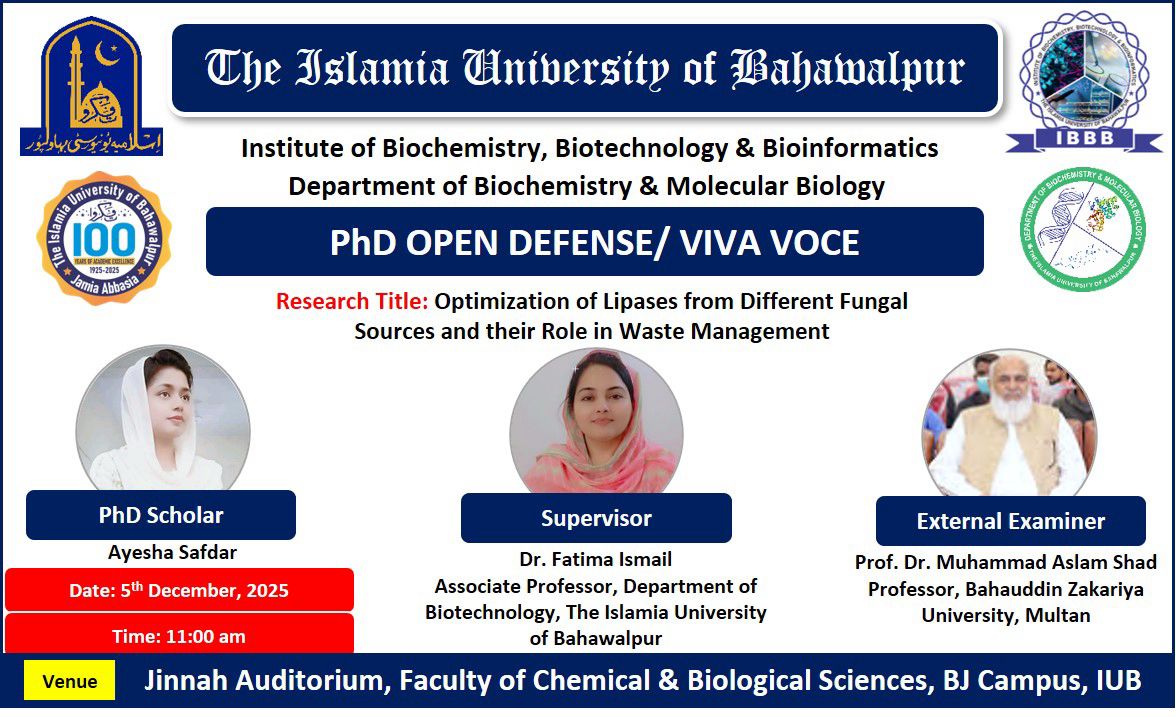 Department of Biochemistry and Molecular Biology PhD scholar Ayesha Safdar will defend her thesis on Dec 5, 2025.