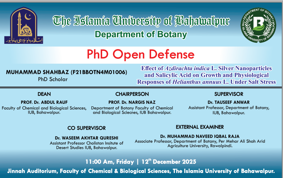 On Dec 12, 2025, Muhammad Shahbaz, a PhD scholar of from the botany, will defend his thesis.