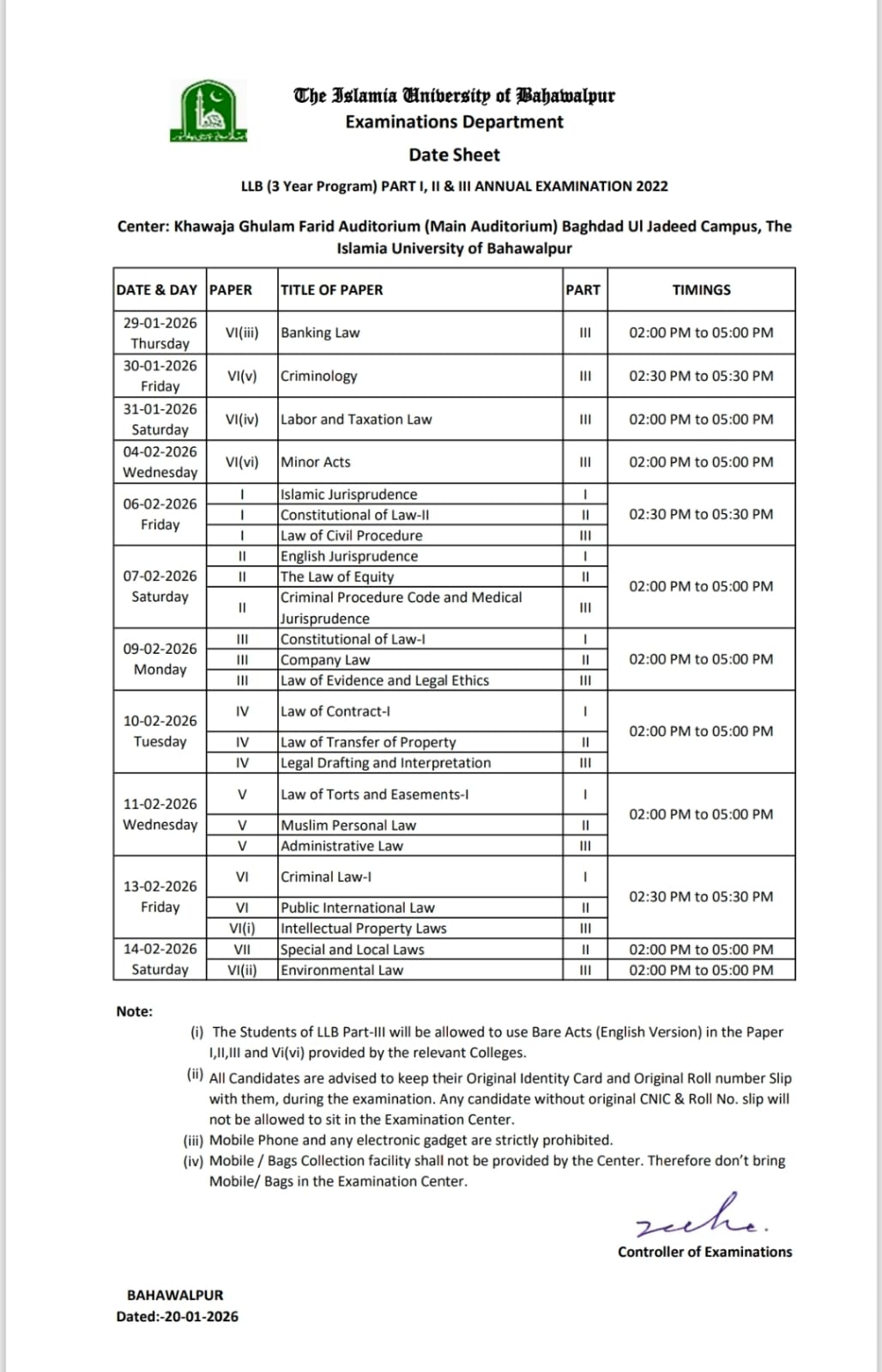 Date Sheet of LLB 3 years program Annual 2022