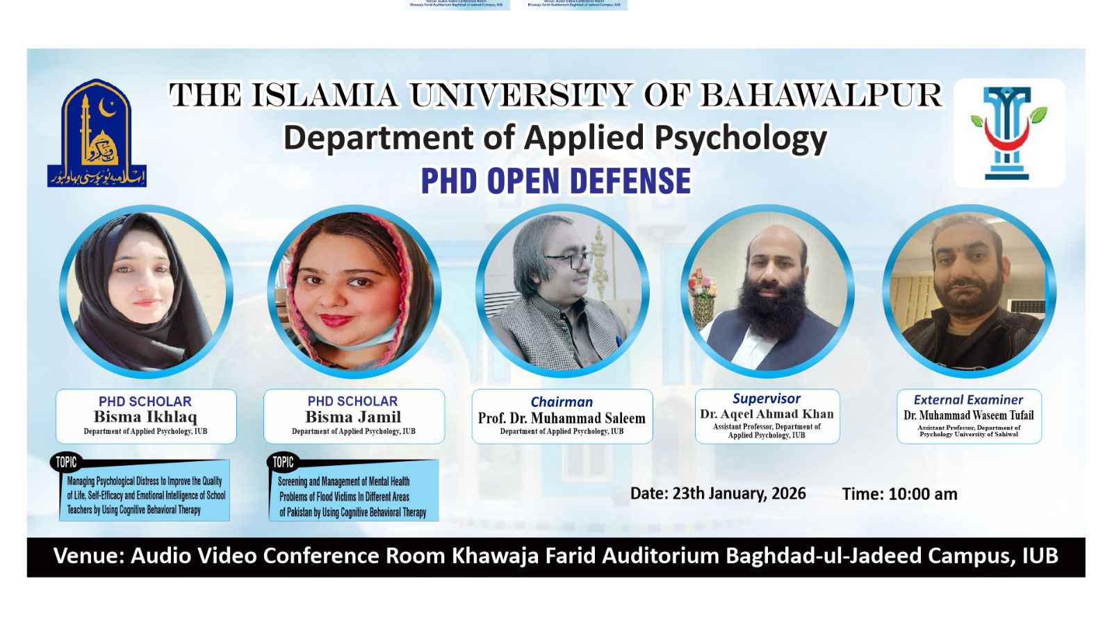The open defense of two PhD scholars from the Department of Applied Psychology will take place on January 23, 2026.
