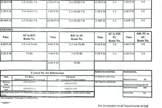 IUB Transport Schedule w.e.f 22 Jan 2026