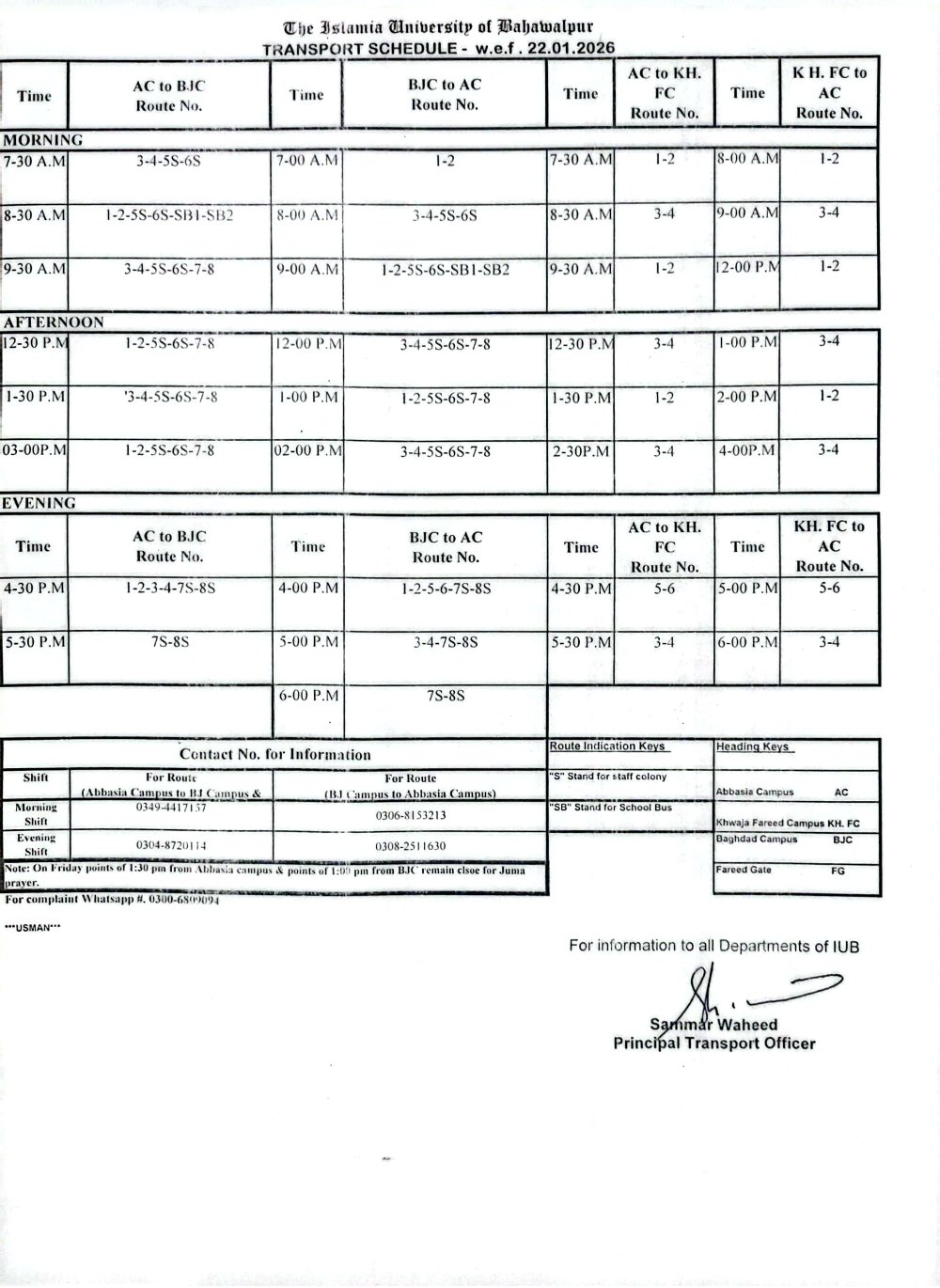 IUB Transport Schedule w.e.f 22 Jan 2026