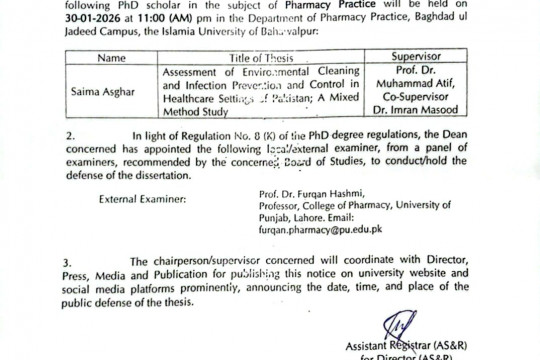 Open defense of PhD Scholar Saima Asghar in the subject of Pharmacy Practice will be held on 30-01-2026
