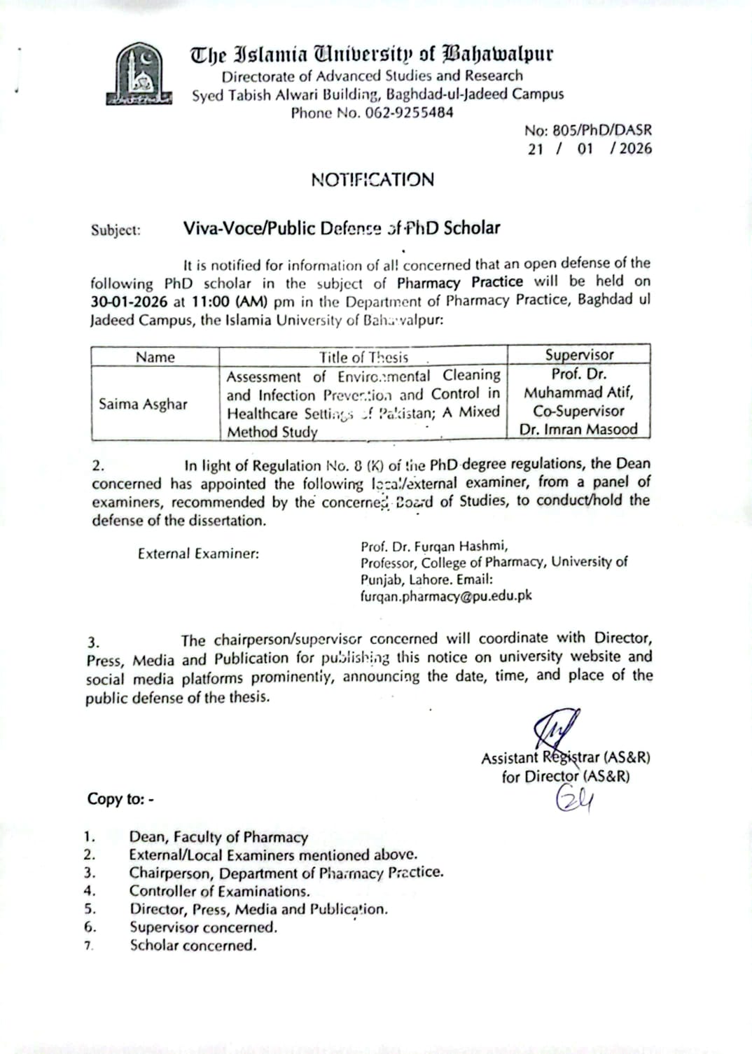 Open defense of PhD Scholar Saima Asghar in the subject of Pharmacy Practice will be held on 30-01-2026