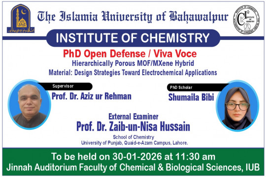 Open defense of PhD Scholar Shumaila Bibi from the Institute of Chemistry will be held on 30-01-2026