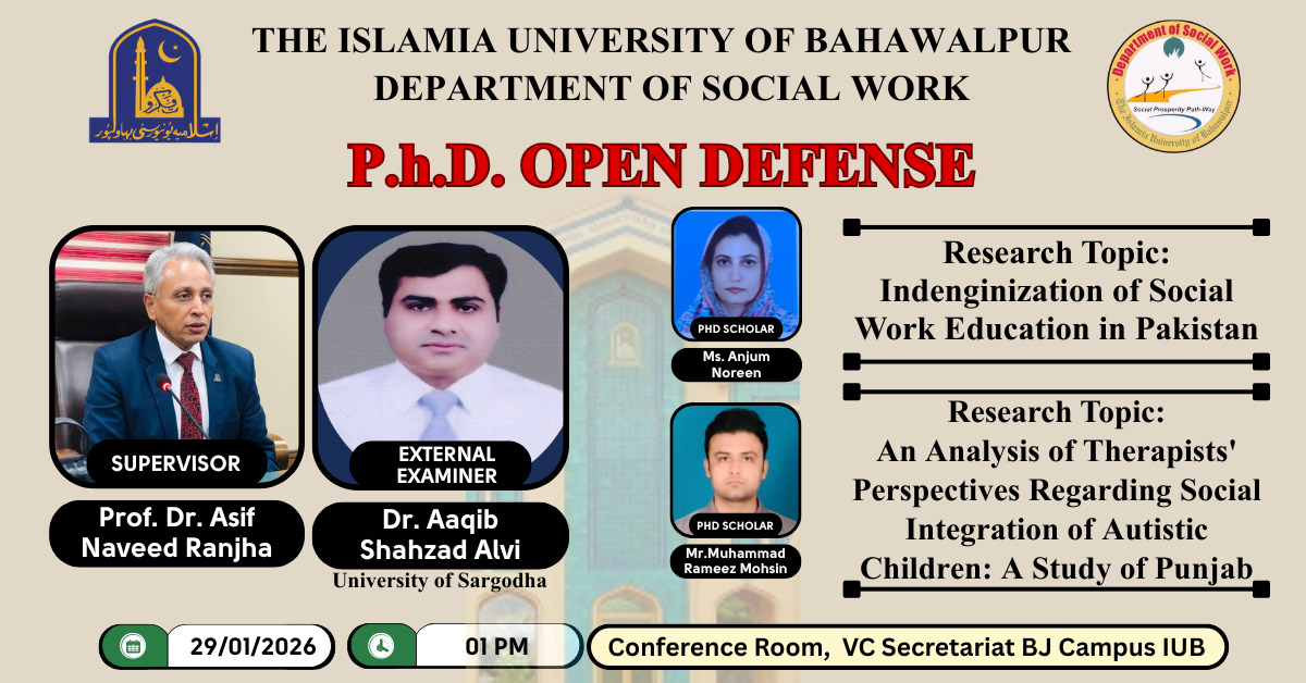 Open defense of two PhD Scholars from the Department of Social Work will be held on 29 Jan 2026.