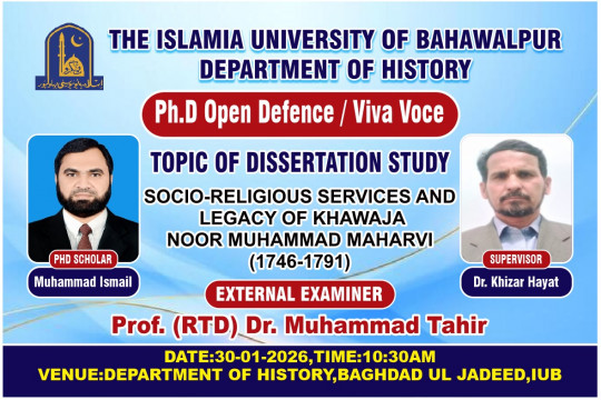 Open defense of PhD Scholar Muhammad Ismail from the Department of History will be held on 30-01-2026