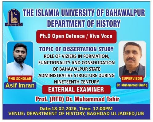 A PhD scholar from the Department of History named Asif Imran will defend his thesis on February 18, 2026.