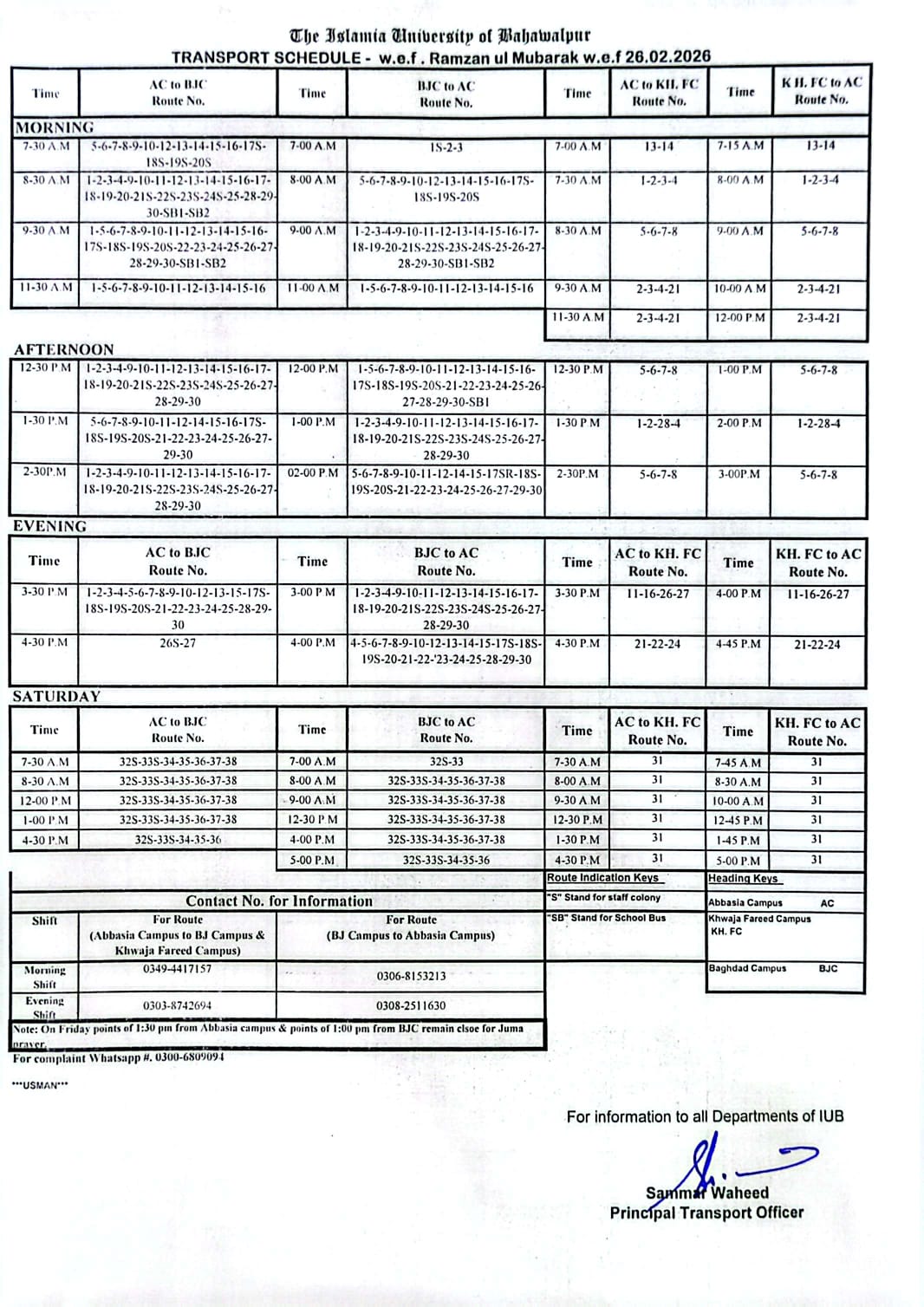 IUB Transport schedule w.e.f 26-02-2026 during Ramzan-ul-Mubarak