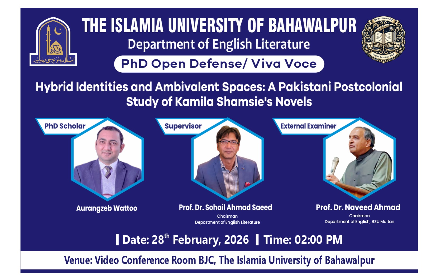 Open defense of PhD scholar Aurengzeb Watto of the Department of English Literature will be held on February 28, 2026