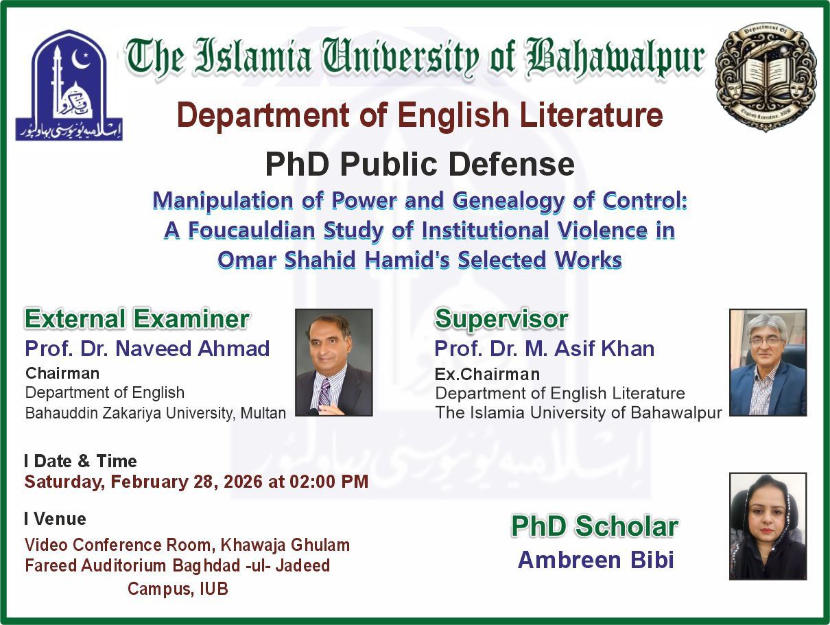 PhD defense of Ms. Ambreen Bibi from the Department of English Literature will be conducted on 28 February 2026