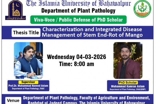 Open defense of Muhammad Kamran Aslam, a PhD scholar from Department of Plant Pathology, will be held on March 4, 2026