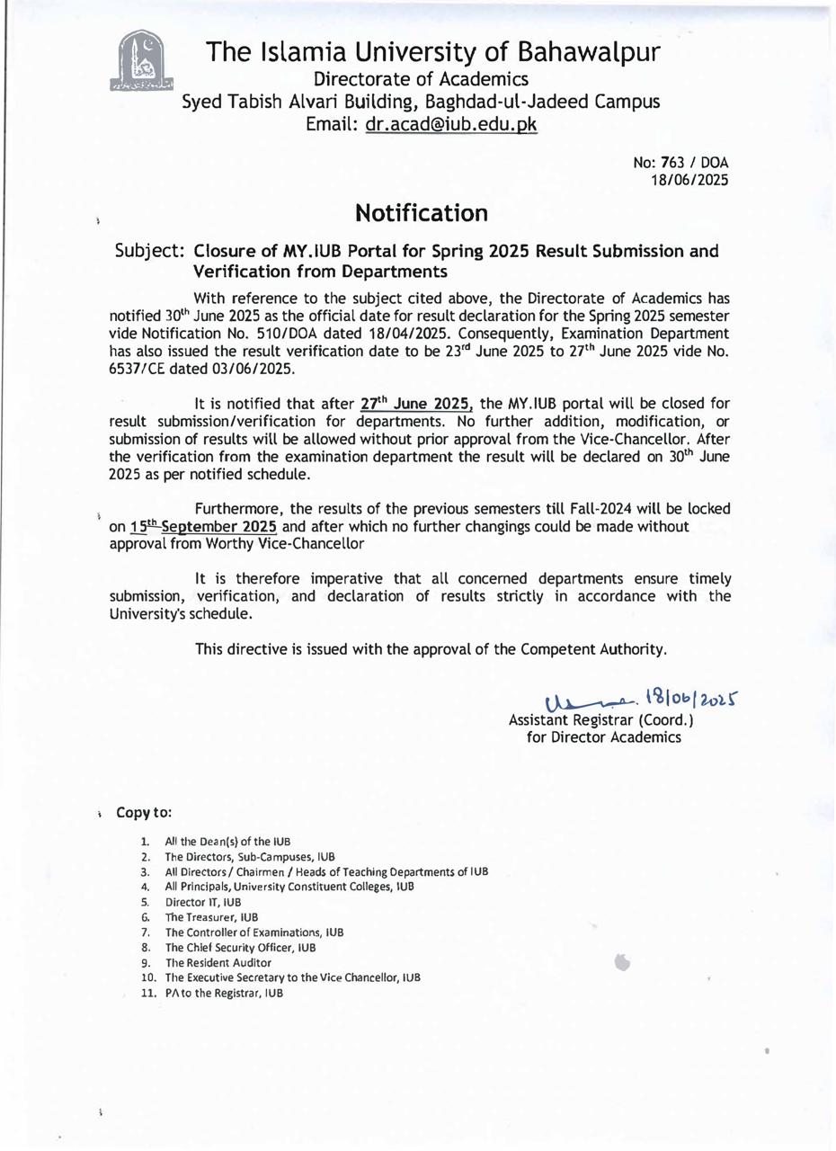 Circular: Closure of MY IUB Portal for Spring 2025 Results