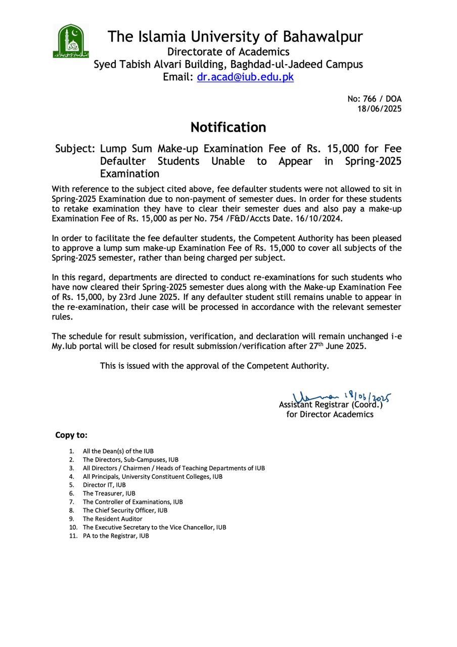 Notification: Lump Sum Make-up Examination Fee