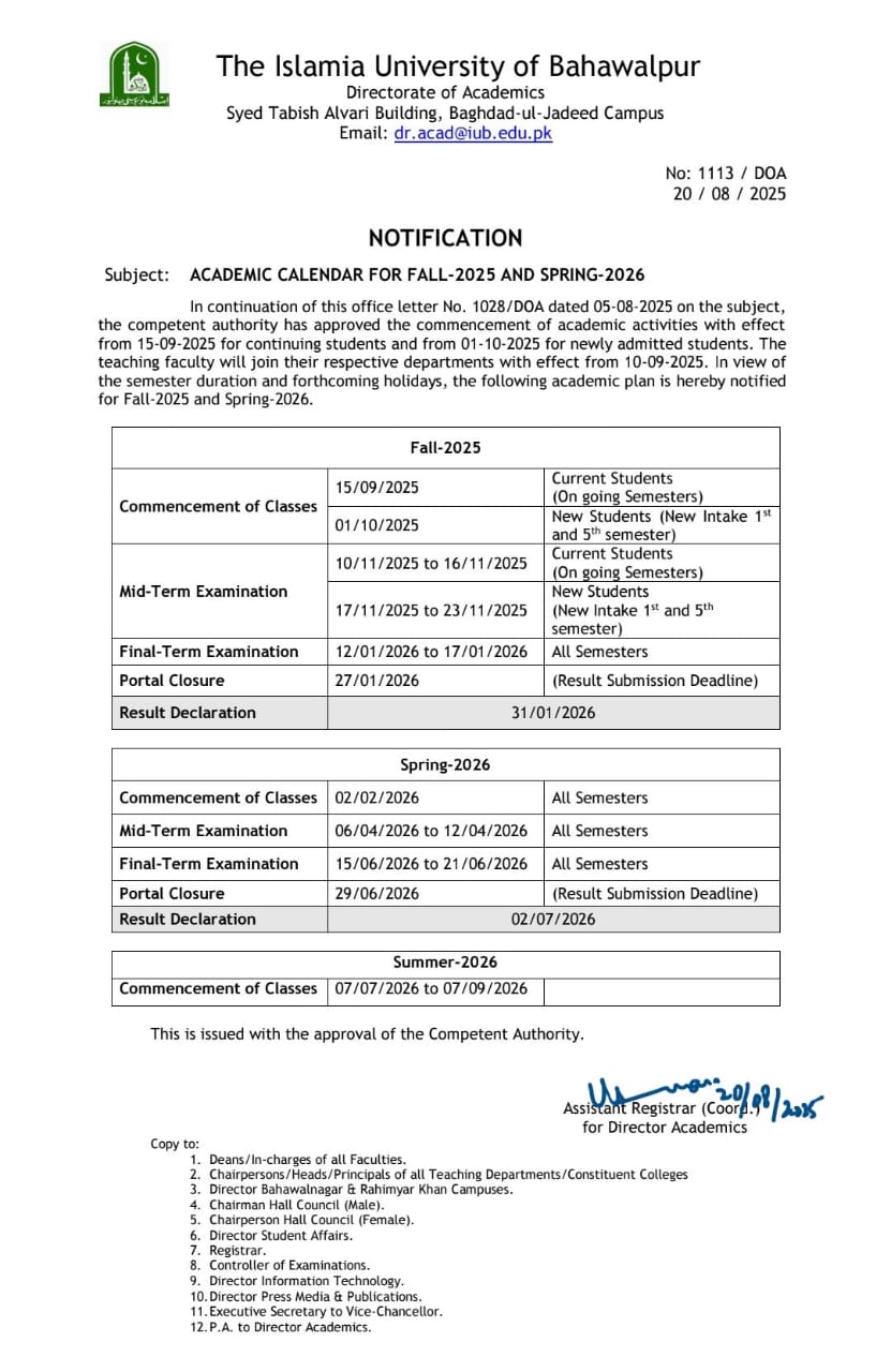 Notification: Academic Calendar for FALL-2025 and SPRING-2026