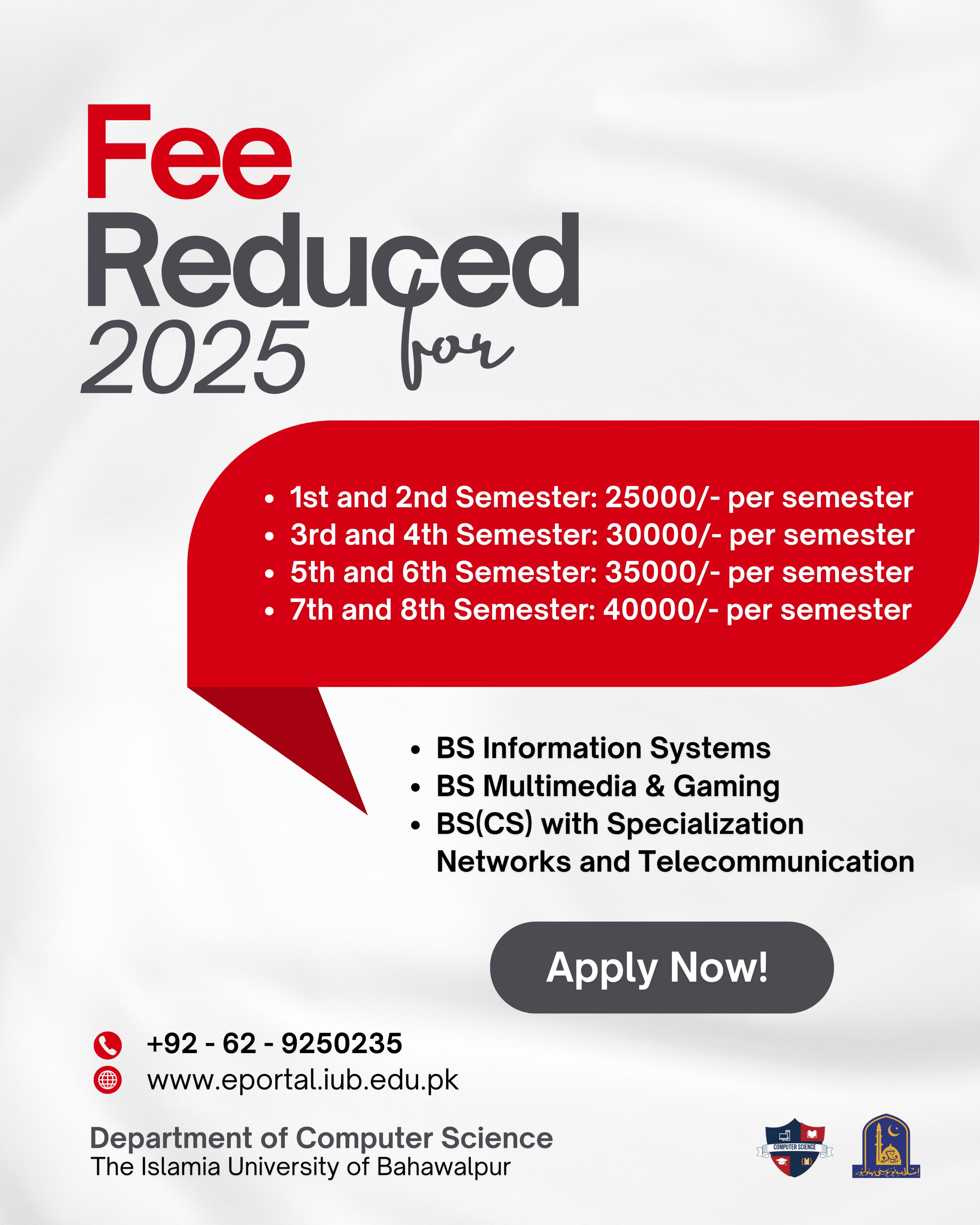 Reductions in fees for BS programs offered by the Department of Computer Science