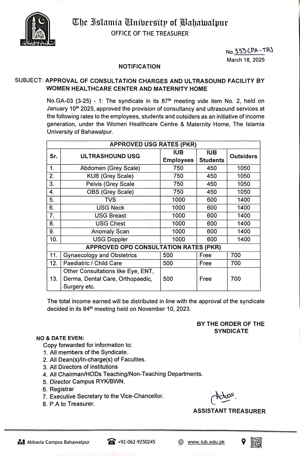 Approval of consultation charges and ultrasound facility by Women Healthcare Center and Maternity Home