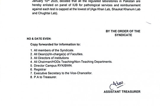 Enlistment of all regulated bodies for pathological tests of IUB Employees